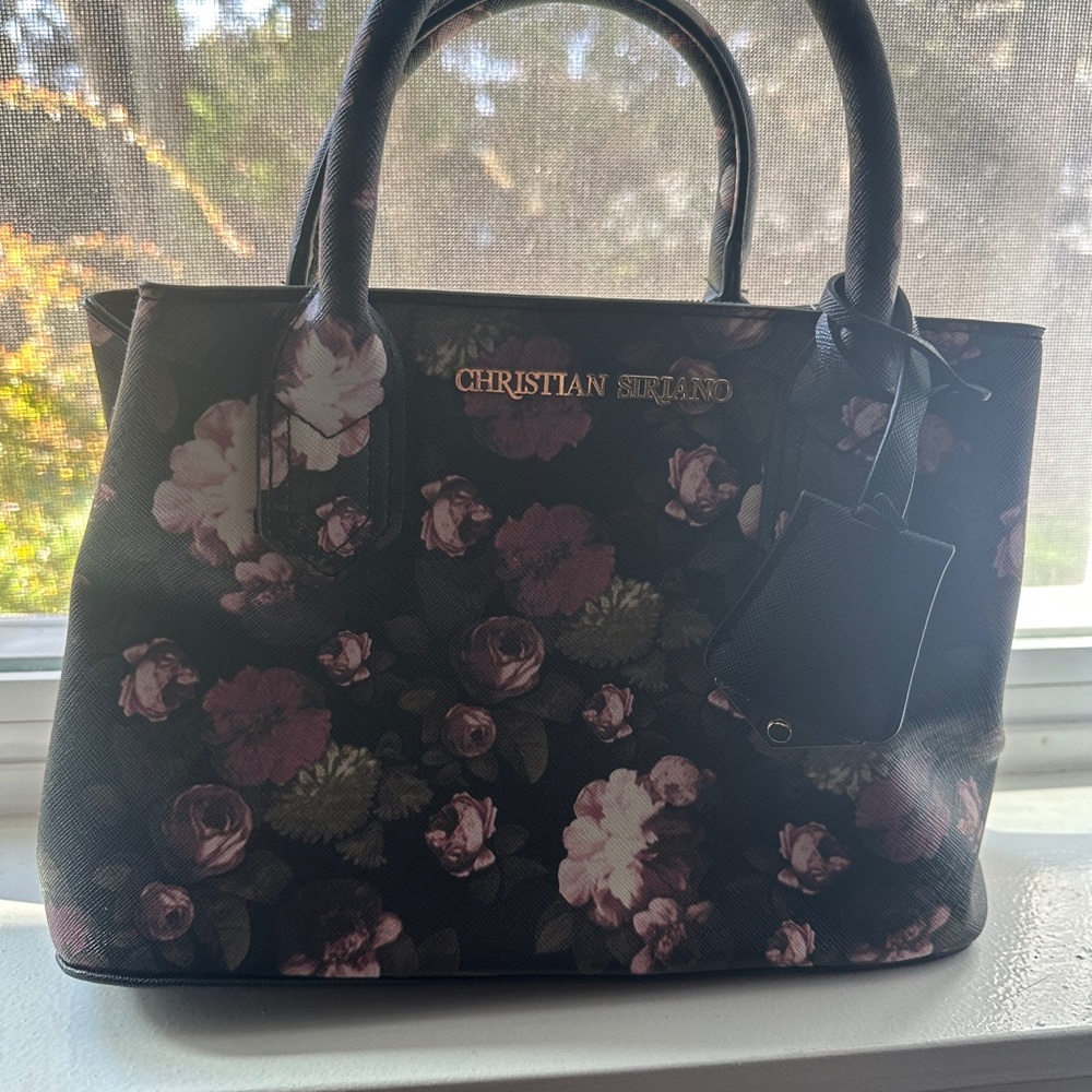Christian Siriano Black Floral Satchel with Pink Roses